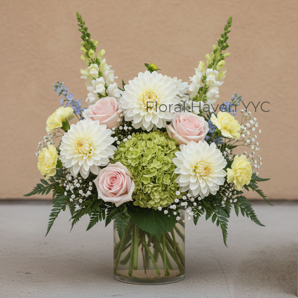 Pastel flowers with dahlias, roses and carnations in a glass vase