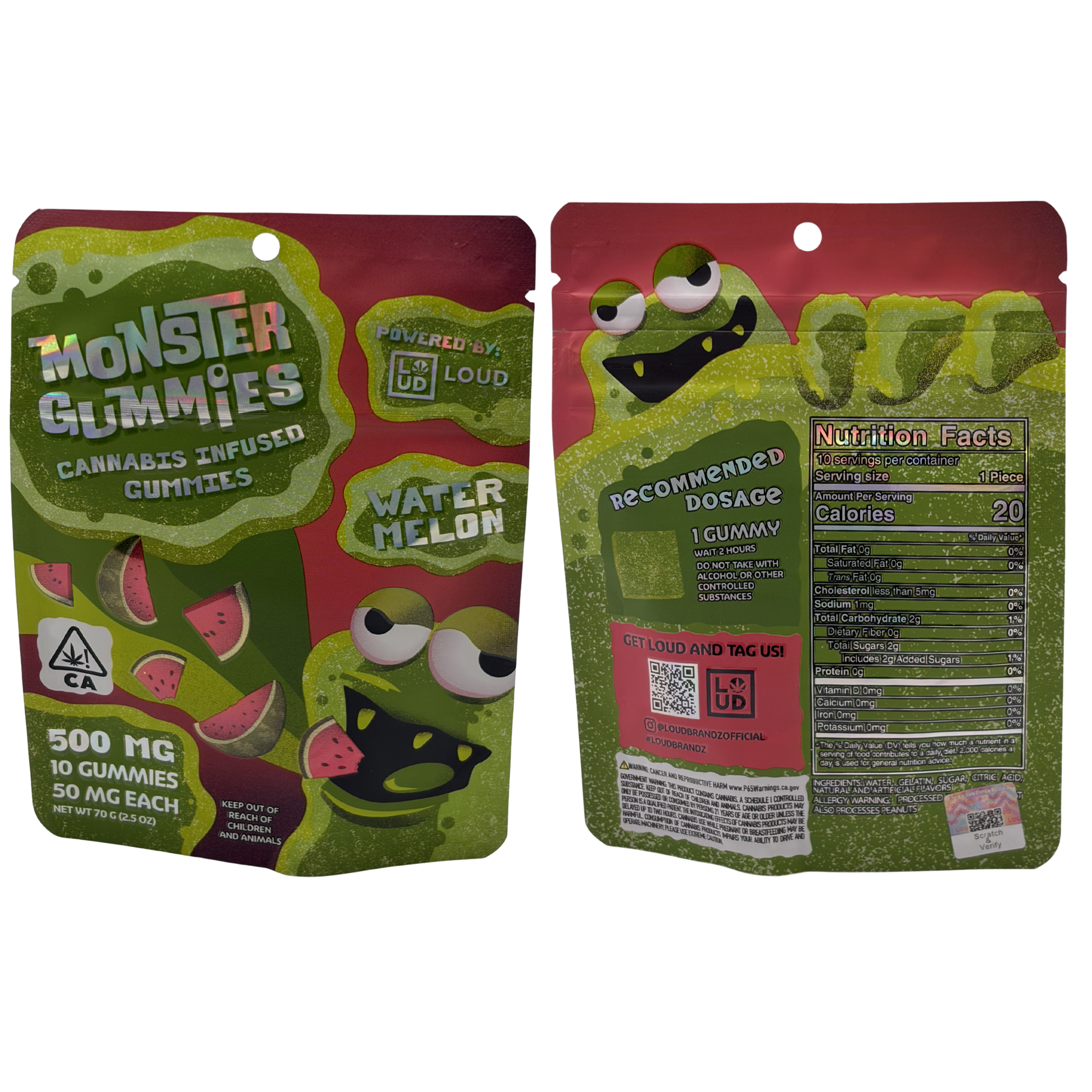LOUD Monster Gummies | 500 MG - 10 gummies, 50 MG each | Watermelon