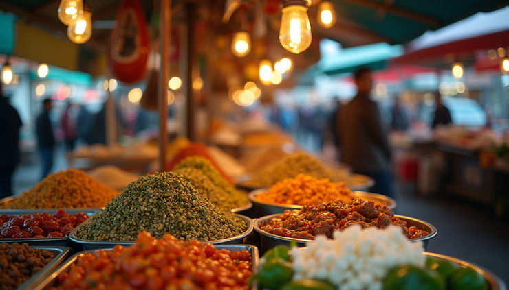 Eye-level view of a colorful street food market featuring diverse ethnic dishes