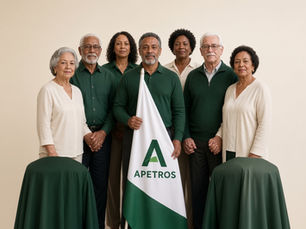 Aposentados, pensionistas e participantes da Petros reunidos em foto institucional da APETROS, com a bandeira verde e branca da APETROS ao centro.