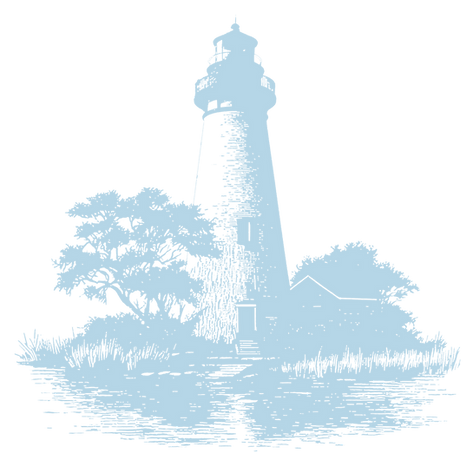 A light blue icon of the lighthouse on Amelia Island