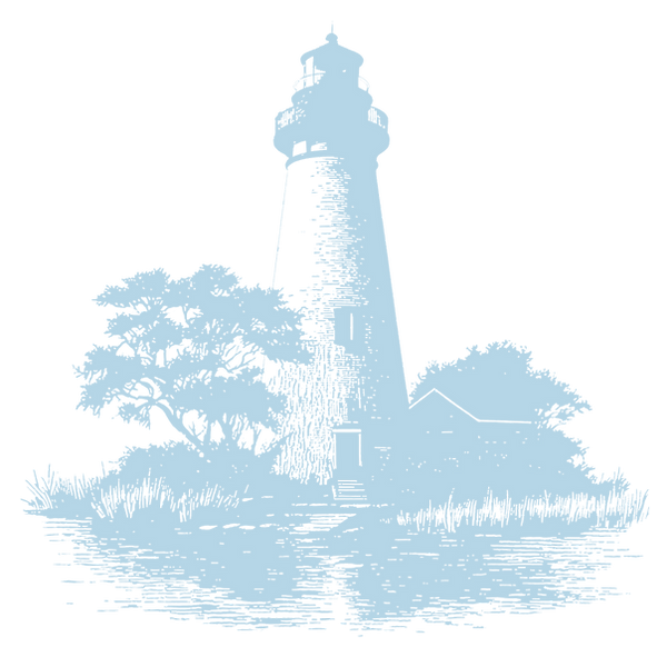 A pale blue icon of the lighthouse on Amelia Island