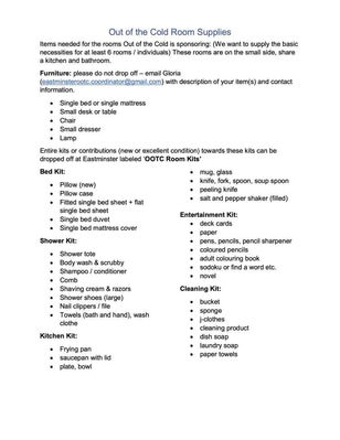 Out of the Cold – List of Supplies Needed
