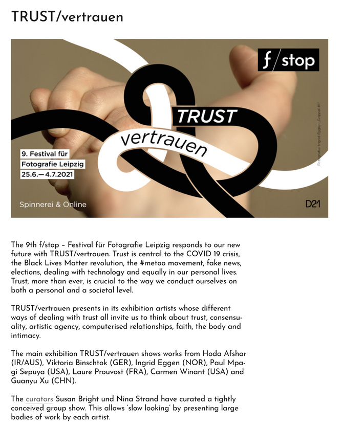 TRUST at f/stop Festival of Photography in Leipzig. Curated by Susan Bright und Nina Strand