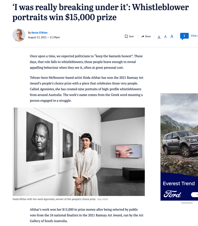 Featured in The Age: Hoda Afshar has won the 2021 Ramsay Art Award’s people’s choice prize