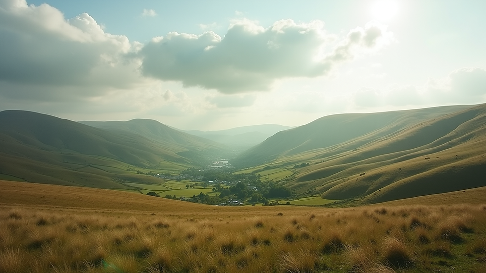 Wide angle view of a serene Welsh countryside with rolling hills