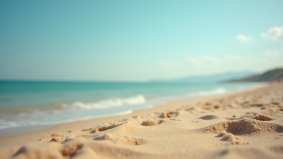 Eye-level view of a family-friendly naturist beach with sand and sea