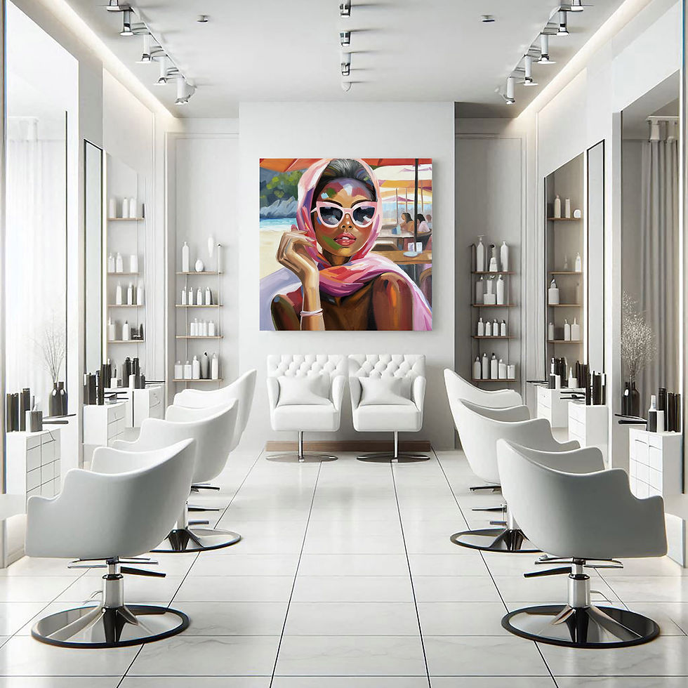 Thumbnail: Colorful portrait canvas print of a woman in pink sunglasses and a pink scarf in a modern salon, Sunlit Sophistication.
