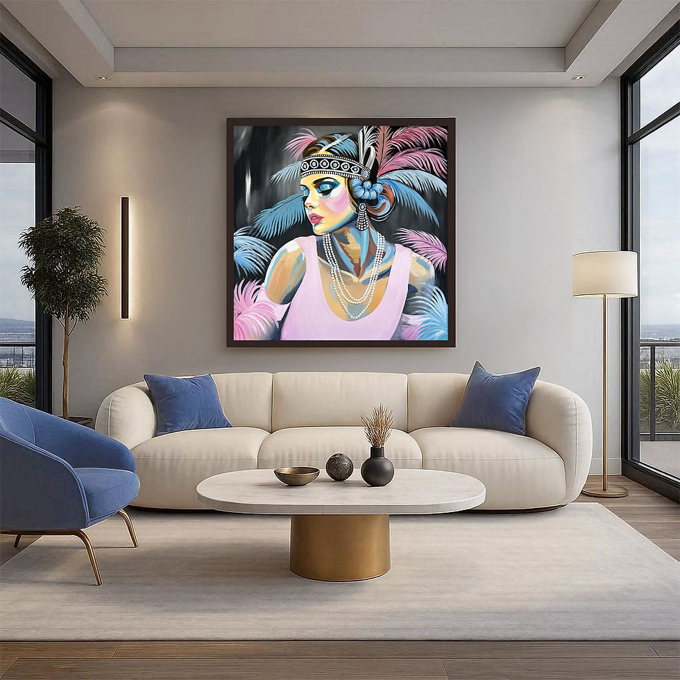 Thumbnail: 1920s Art Deco Flapper Girl canvas print above a couch in a modern neutral living room