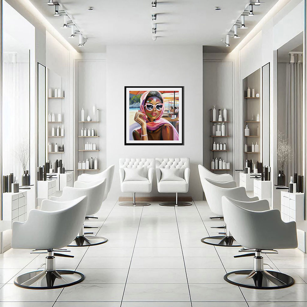 Thumbnail: Portrait art print of a woman in sunglasses and a pink scarf displayed in a modern white salon, Sunlit Sophistication.