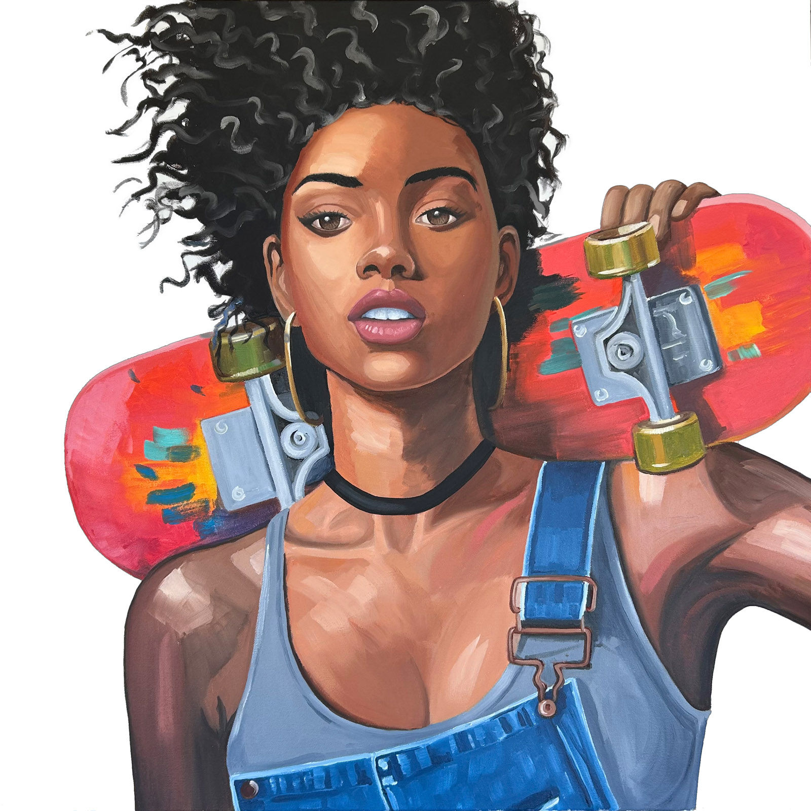 Original oil painting of a confident Black woman holding a skateboard over her shoulder, Urban Attitude