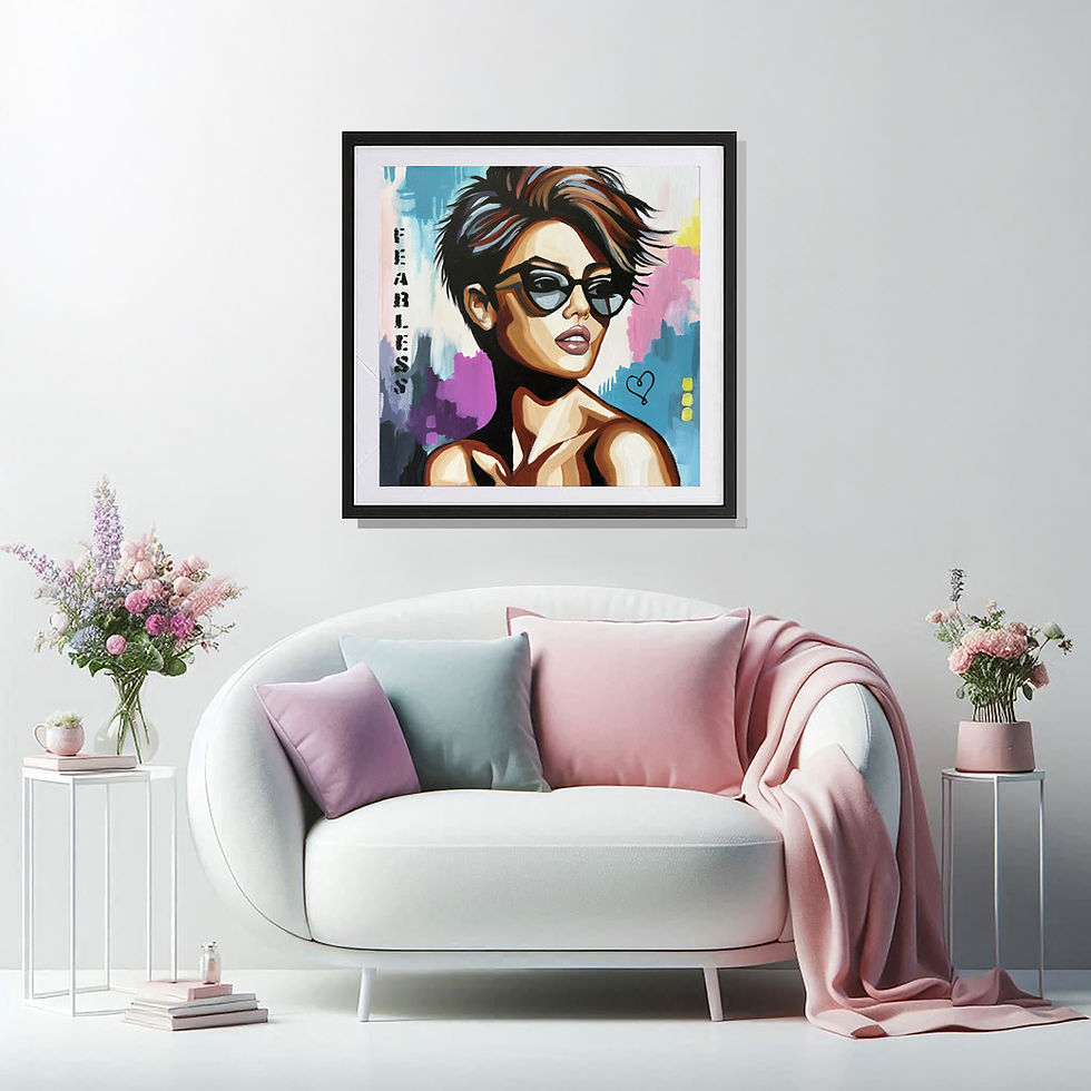 Thumbnail: Modern fashion-inspired portrait of confident woman, colorful abstract background, statement wall art print