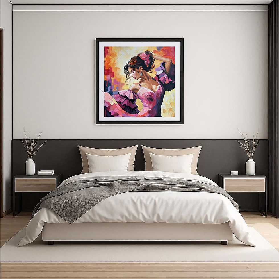 Thumbnail: Colorful Spanish dancer fine art print hanging in a bedroom with beige, brown decor