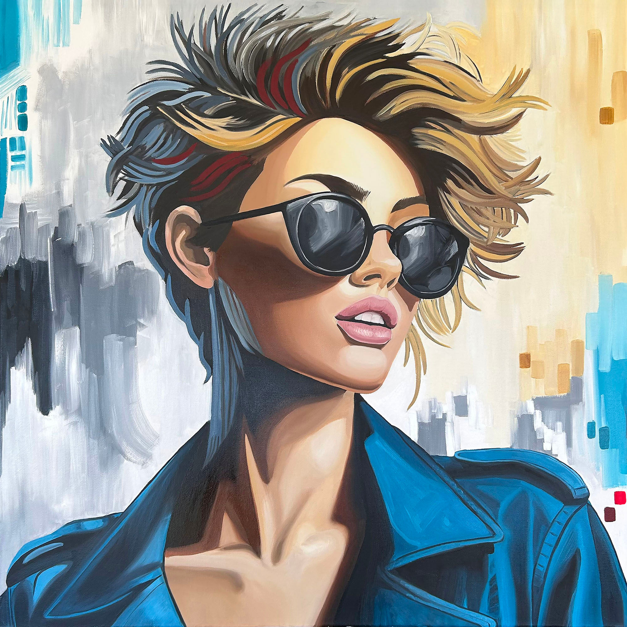 Large colorful feminine wall art, modern woman painting for home decor, 30x30 inches