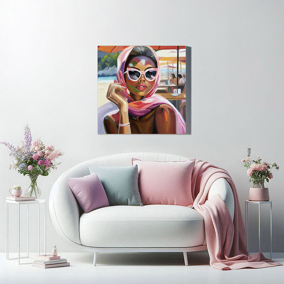Thumbnail: Colorful portrait canvas print of a woman in sunglasses and a pink scarf above a curved white sofa, Sunlit Sophistication.