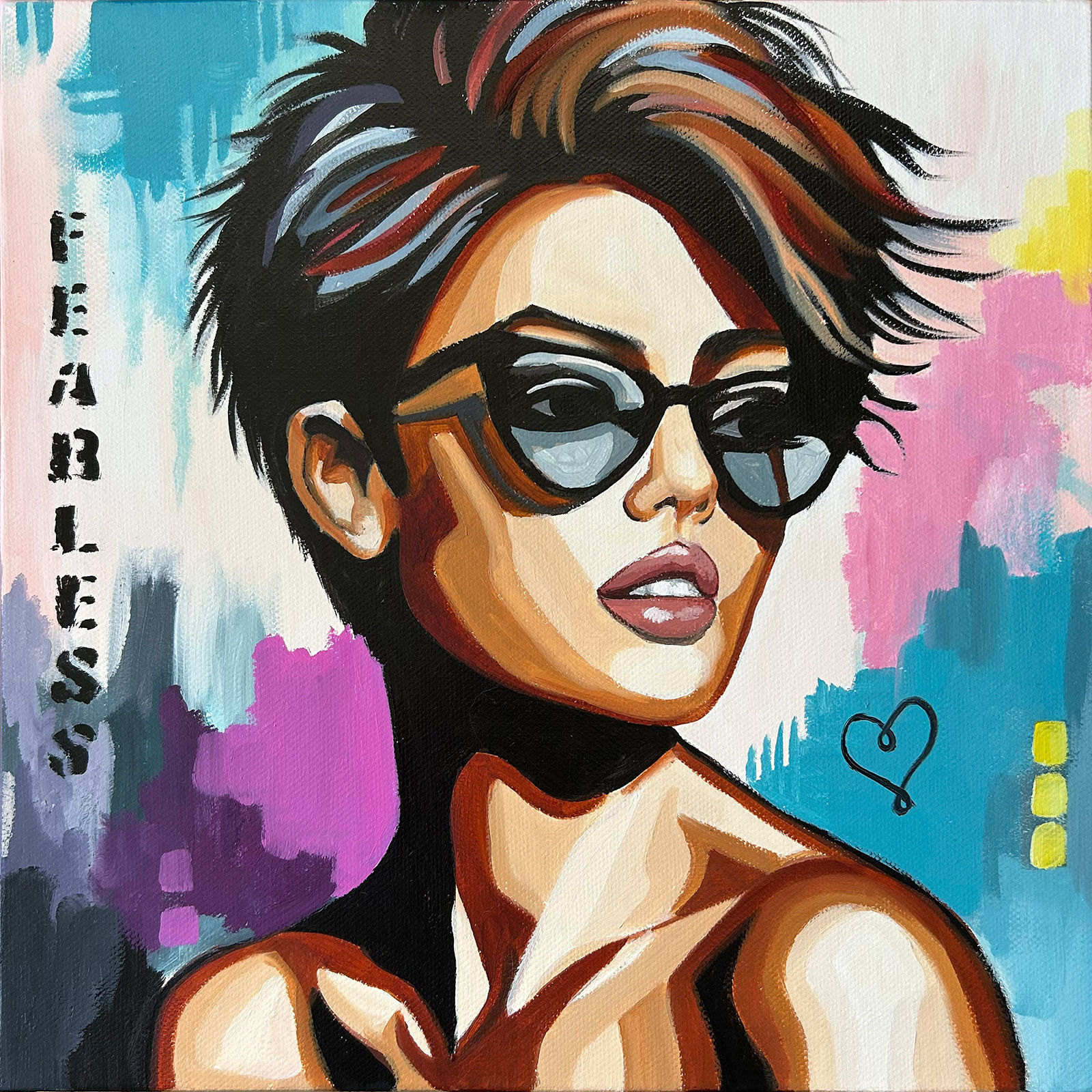 Colorful modern portrait original oil painting of a woman wearing large sunglasses with bold expressive colors.