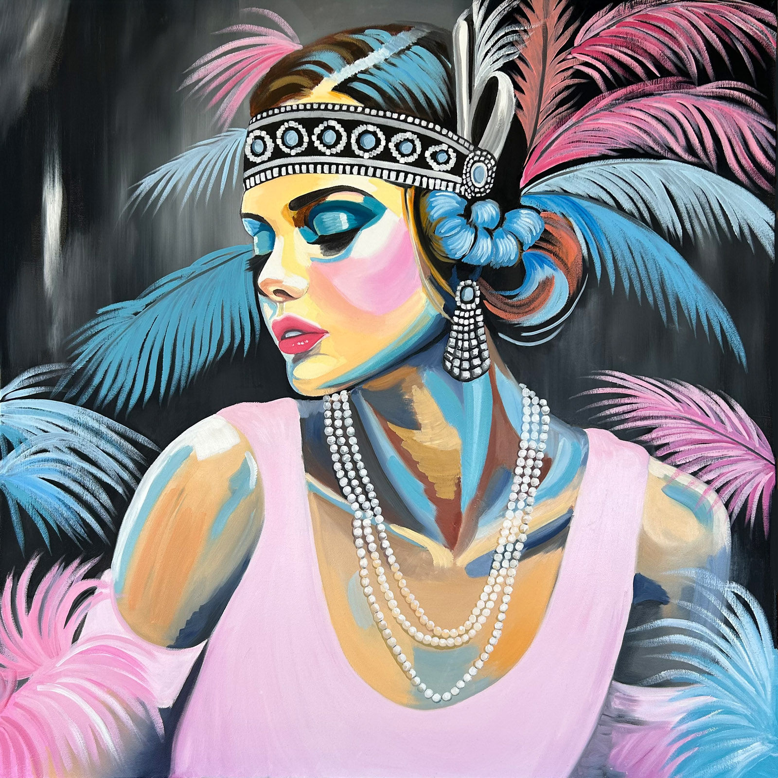 Original oil painting of a glamorous 1920s woman with feathers and pearls – Midnight Glamour