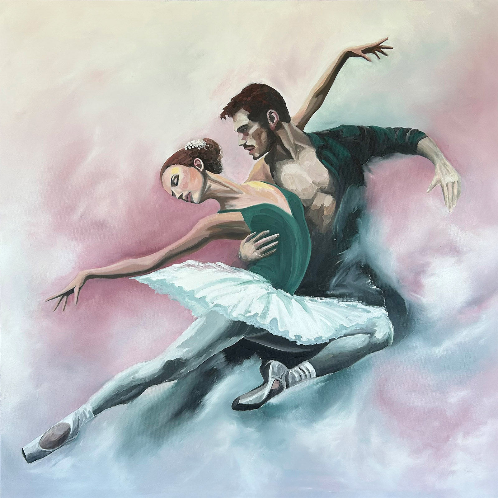 Romantic ballet couple captured in a graceful partnered pose, The Dance original oil painting.