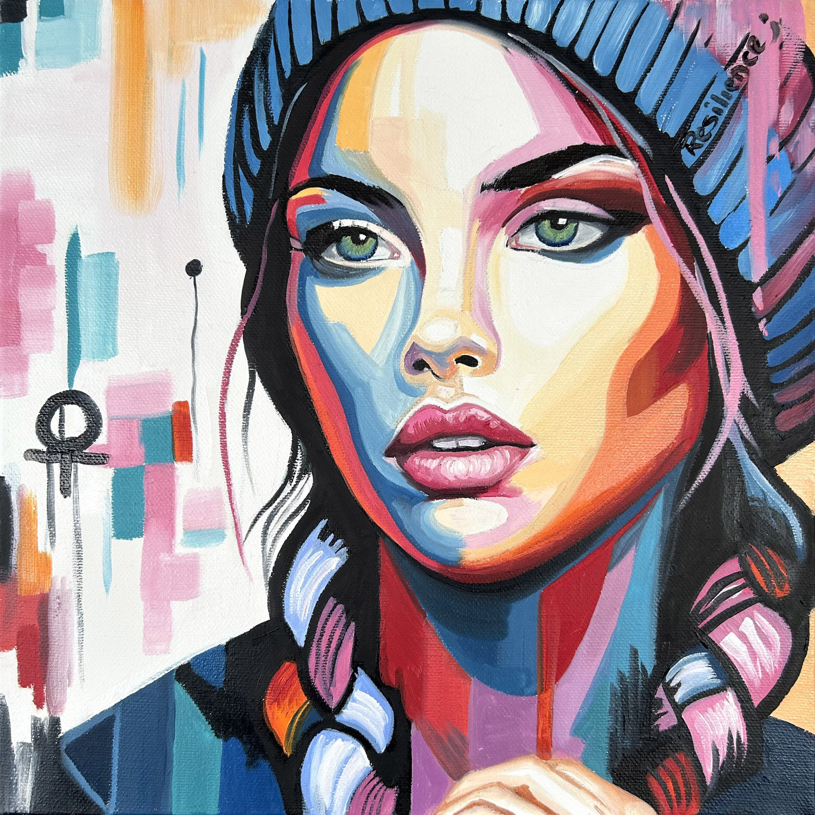 Colorful modern portrait original oil painting of a woman wearing a blue beanie with expressive geometric colors.