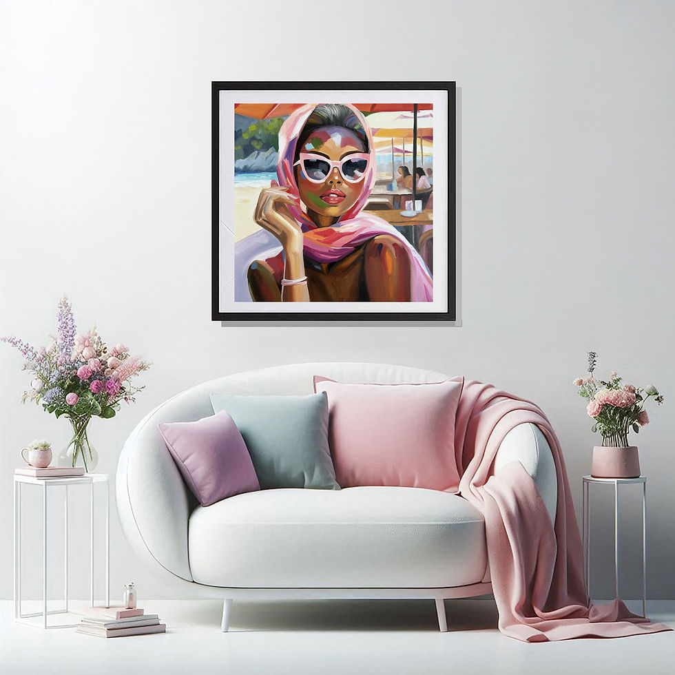 Thumbnail: Portrait art print of a woman in sunglasses and a pink scarf above a white curved sofa, Sunlit Sophistication.