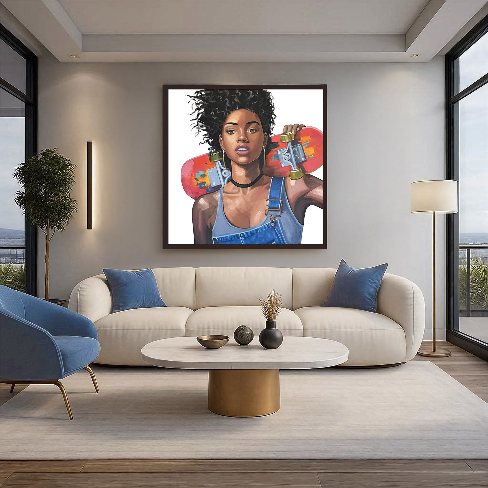 Black woman holding a skateboard portrait canvas wall art above a couch in a neutral living room