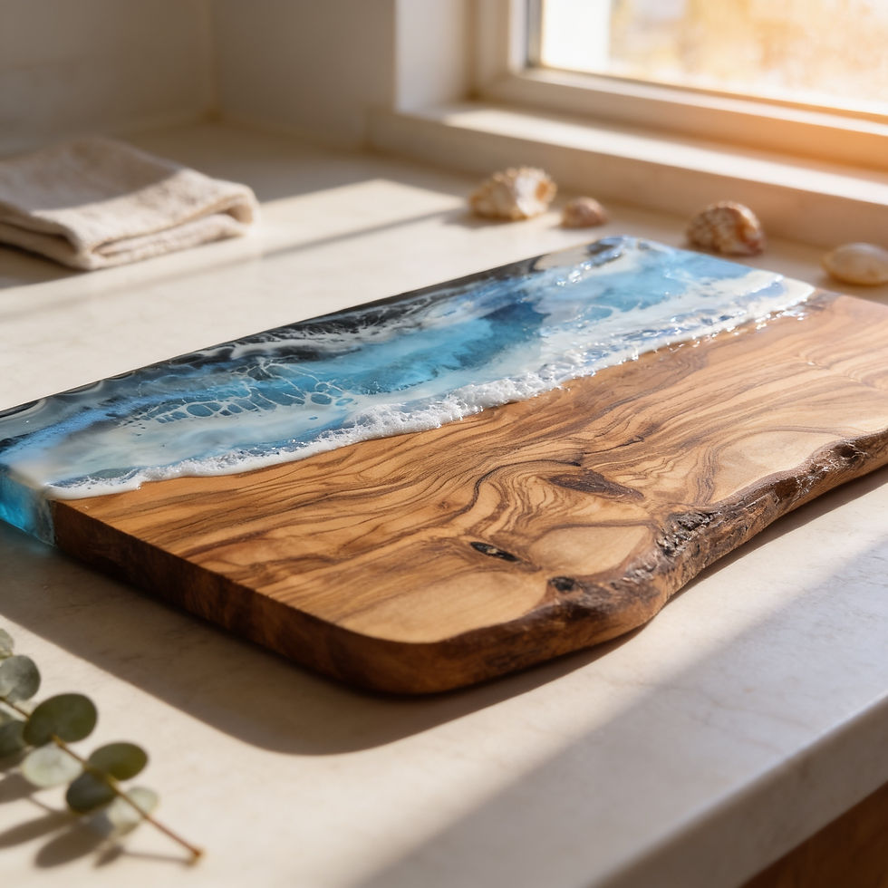 Thumbnail: Serving Board - Olive Wood Flat Edge & Resin 'Ocean' Design