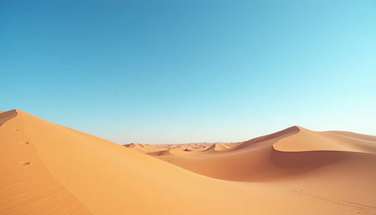 Wide angle view of the Sahara Desert dunes under a clear blue sky