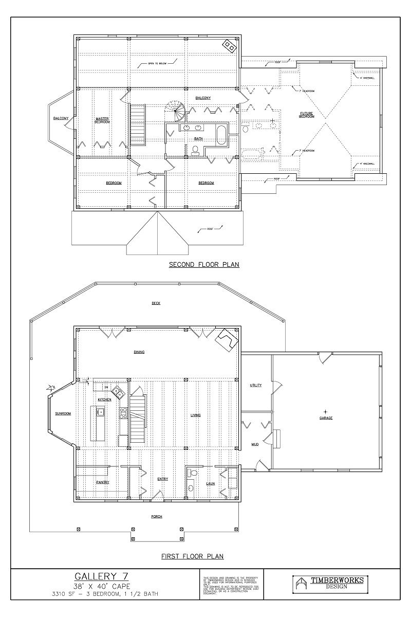 Timber Frame Floor Plan38' x 40' cape - 3310 sf - 3 bedroom - 1 1/2 bath