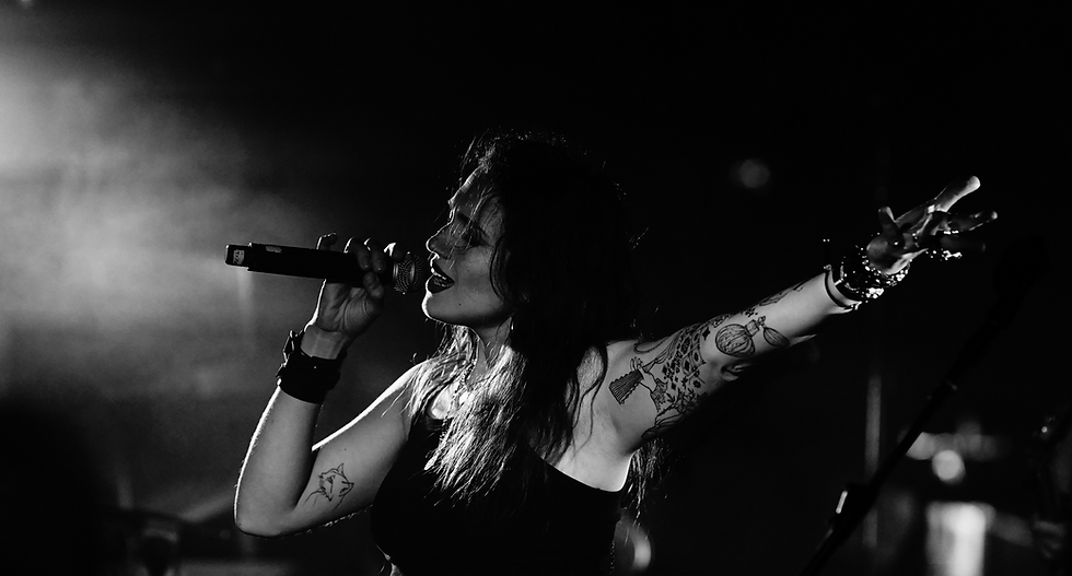 woman singer, black and white photo