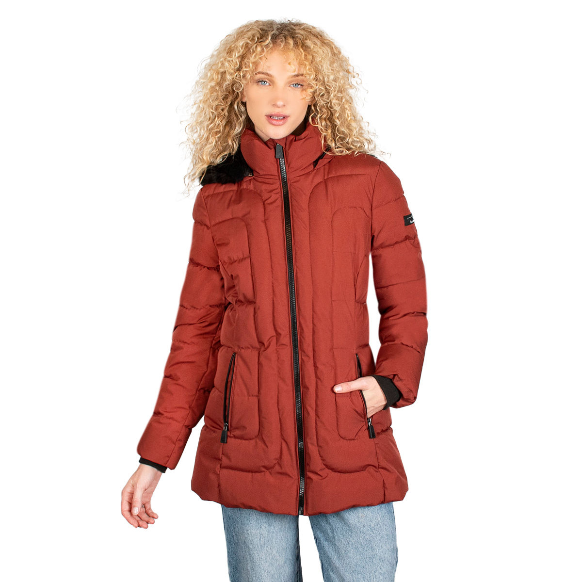 מעיל מלני כובע פרווה, כתום נחושת, פרונט