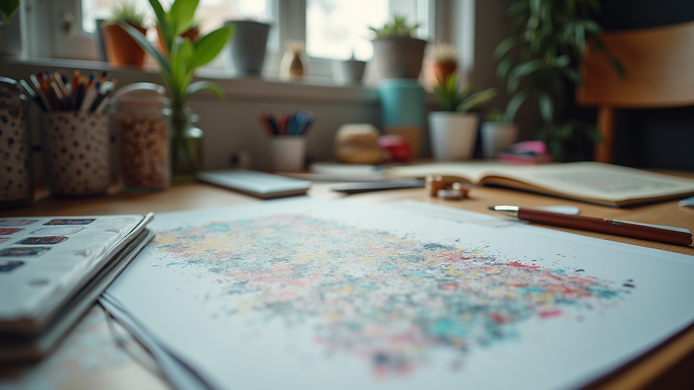 Eye-level view of a creative workspace filled with art supplies and design tools
