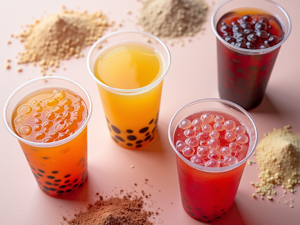 A vibrant, aerial shot of assorted high-quality bubble tea ingredients_ tapioca pearls, co