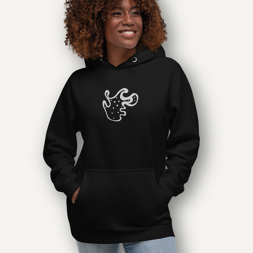 Thumbnail: Thirty / VIII– Abstract Embroidered Hoodie. Black Cotton Heritage Hoodie with White Embroidered Abstract design