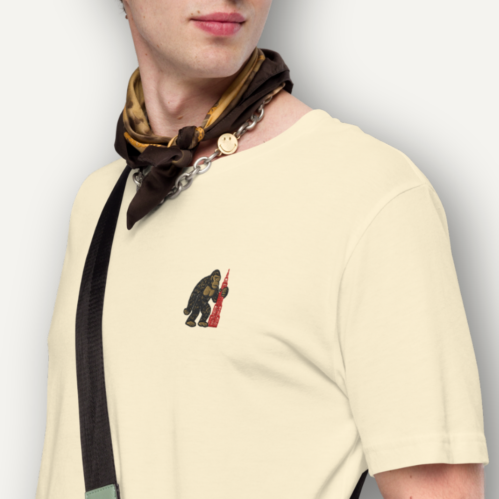 Pocket King Kong tee with minimal chest embroidery of King Kong holding a red skyscraper