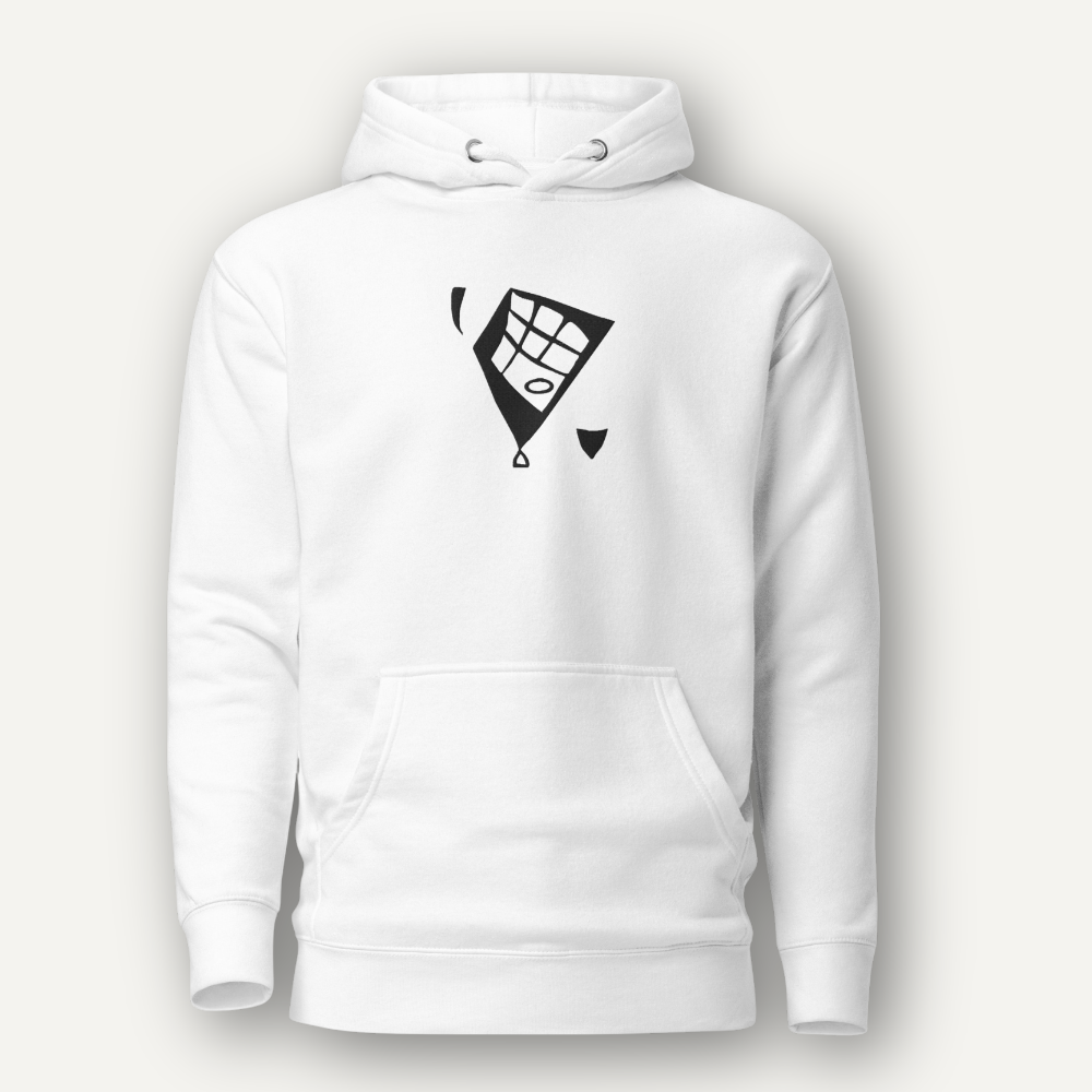 White hoodie with centered black abstract embroidered tile from the Thirty / IIII series