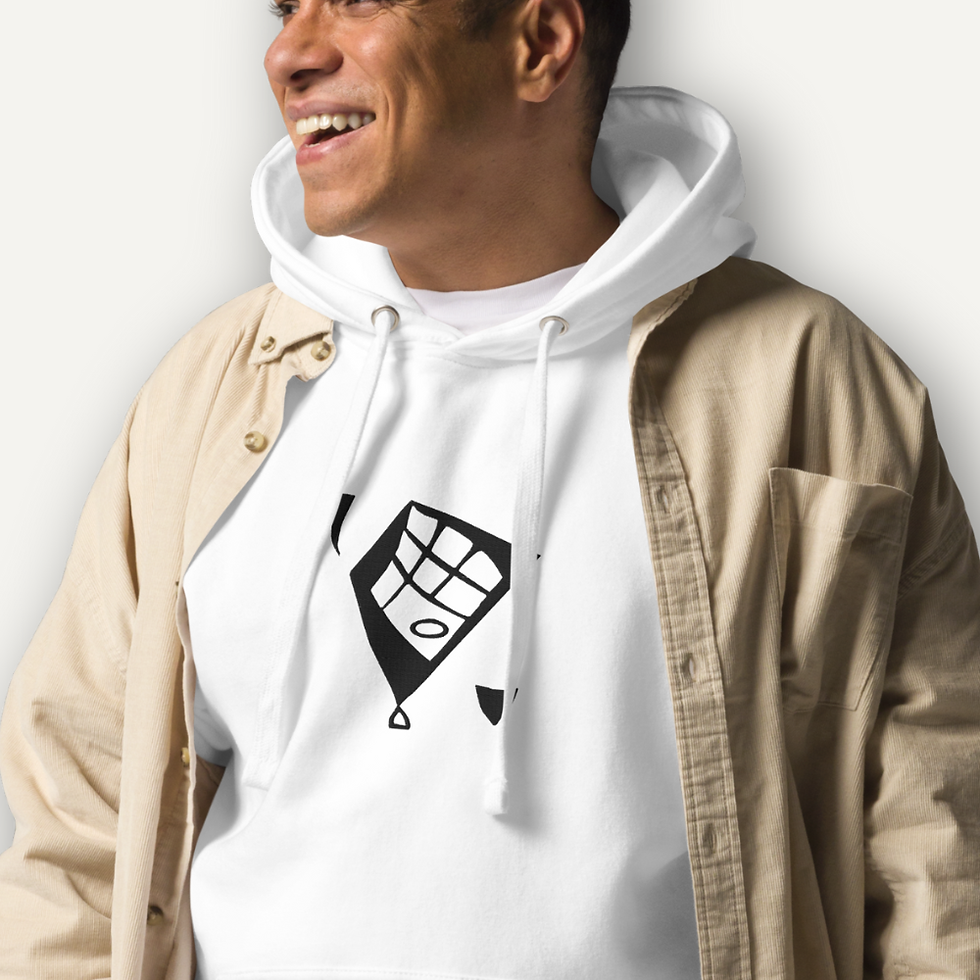Thumbnail: White hoodie with centered black abstract embroidered tile from the Thirty / IIII series