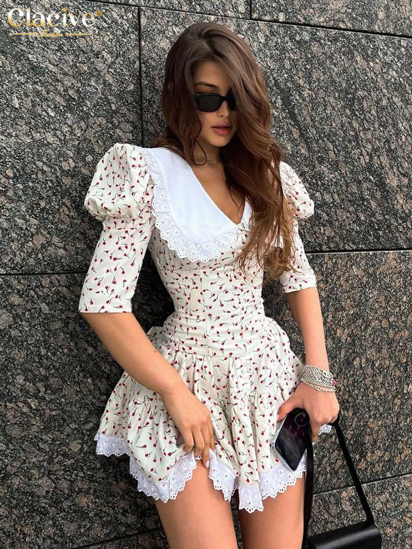 Thumbnail: Clacive Summer Slim Print Women'S Dress 2023 Bodycon Doll Collar Short Sleeve Mi