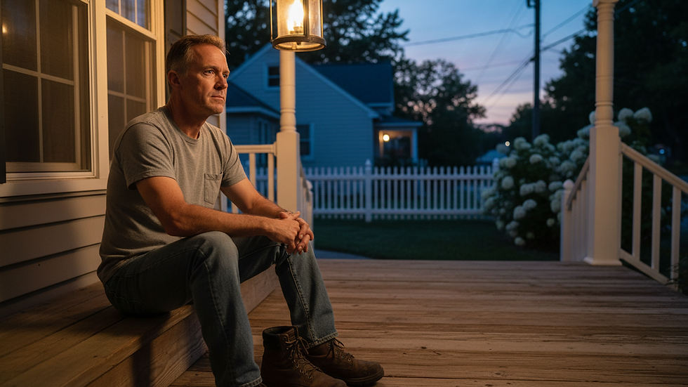 Eye-level view of a veteran sitting alone on a front porch at dusk.