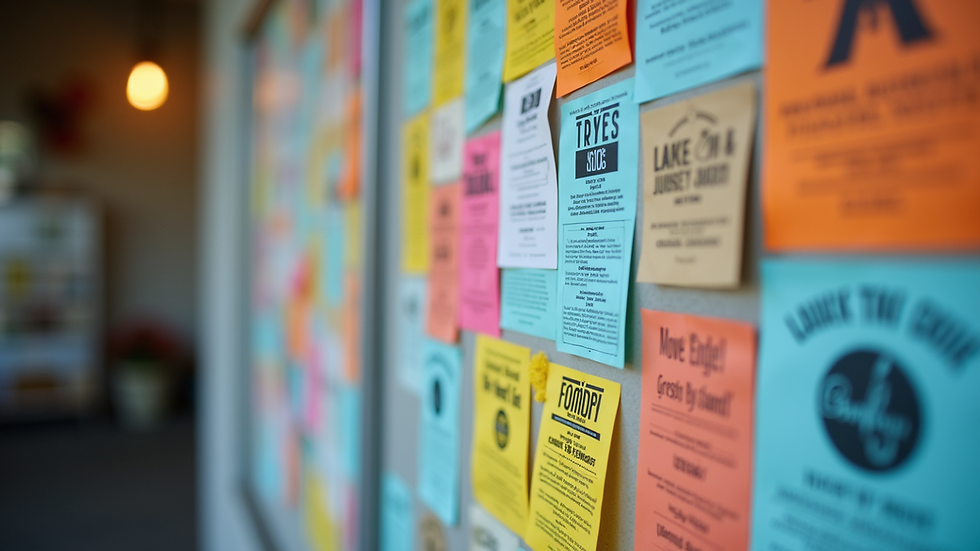Close-up view of a community bulletin board filled with colorful flyers and event announcements
