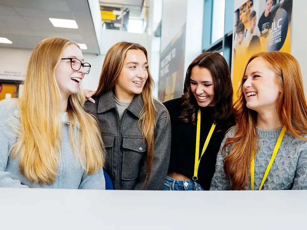 John Leggott students in the Arc on campus, laughing and enjoying settling into first term of UK college life.