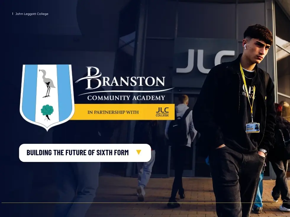 John Leggott College and Branston Community Academy representatives shaking hands at the announcement of their new strategic sixth form partnership, with both school and college branding visible in the background.