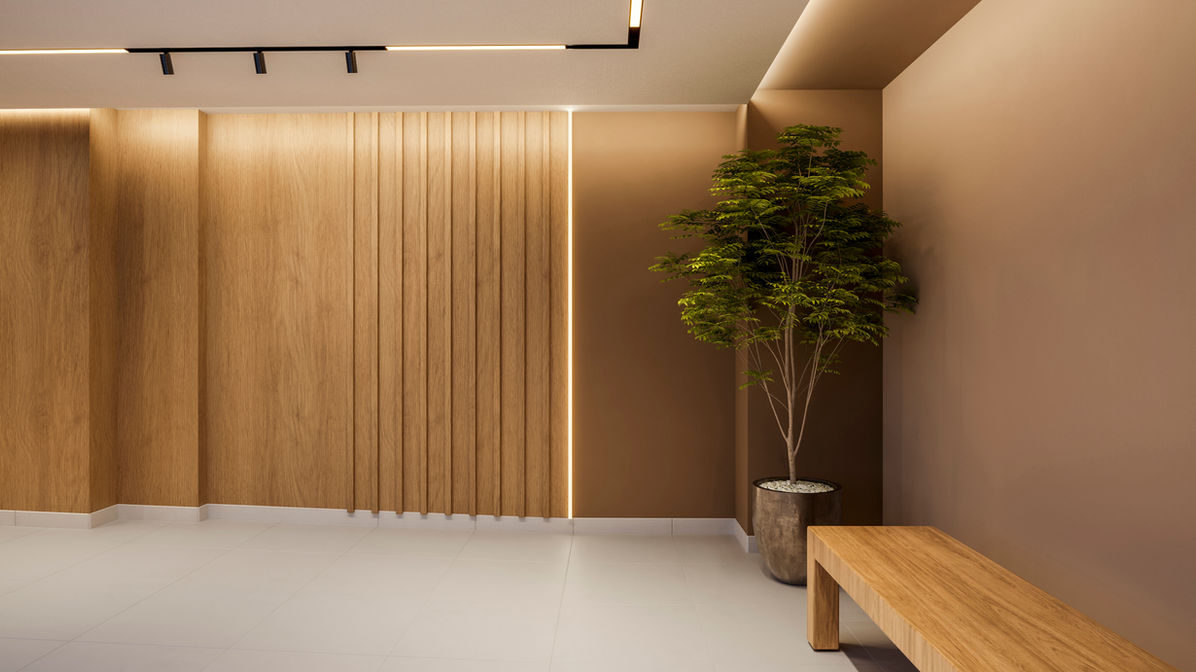 Interior moderno com parede amadeirada, iluminação discreta, banco e planta.