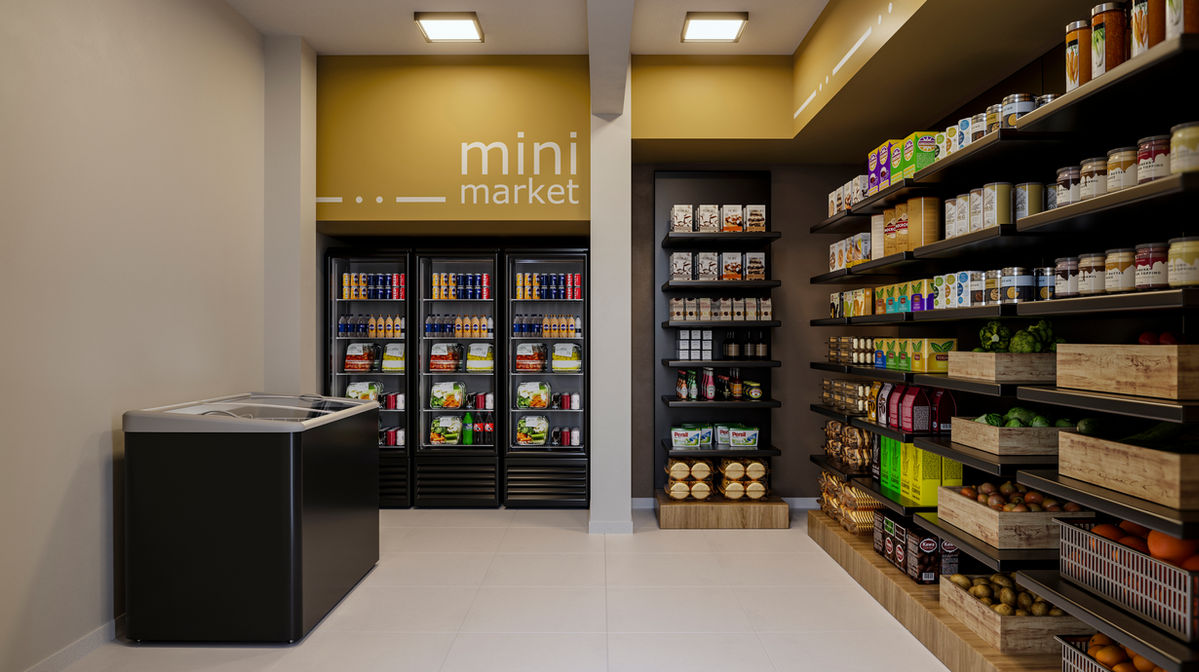 Interior de minimercado com letreiro "mini market", prateleiras cheias de produtos e bebidas.