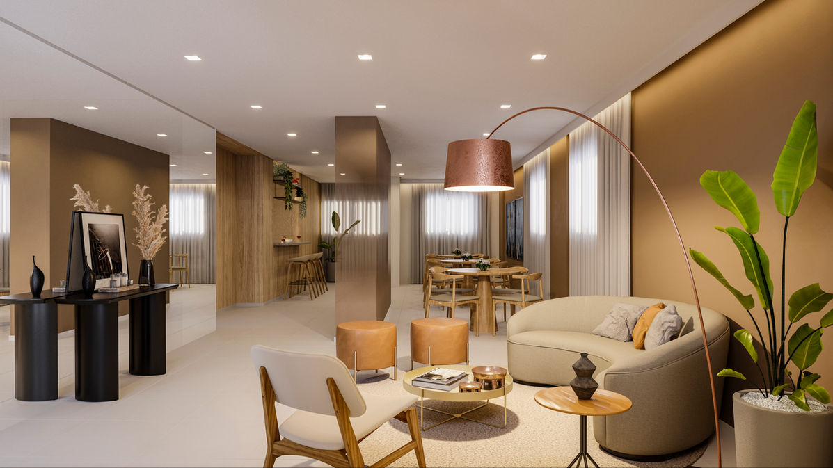 Sala de estar e jantar moderna com mobiliário elegante e tons neutros.