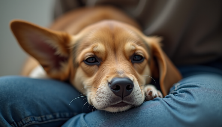 Close-up view of a dog resting its head on a person's lap