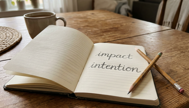 Close-up view of a notebook with the words impact and intention written on separate lines.