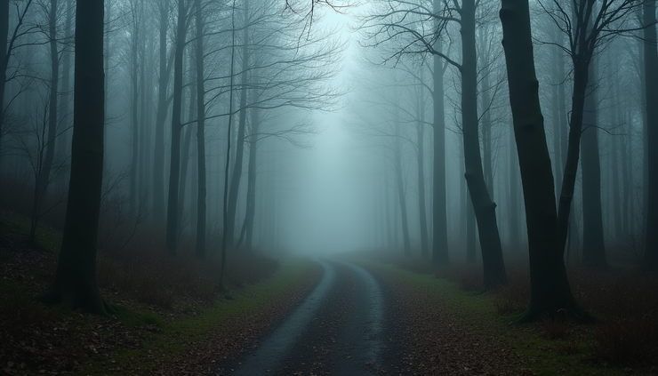 Eye-level view of a winding forest path disappearing into fog