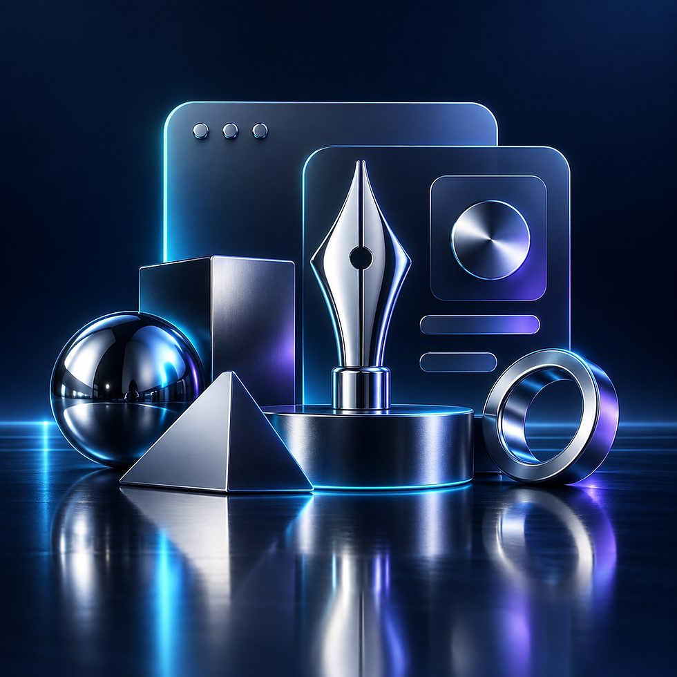 Chrome pen nib and geometric shapes with interface panels