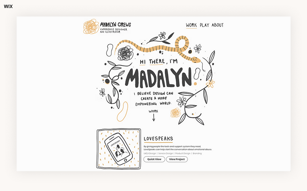 Whimsical design with drawings and text: "Hi there, I'm Madalyn," set against a white background. Includes "LOVESPEAKS" mobile image.