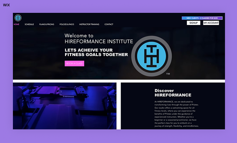 Hireformance Pilates Institute wix booking website